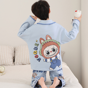 拉布布男童睡衣春秋薄款长袖中大童套装2026新款青少年儿童家居服