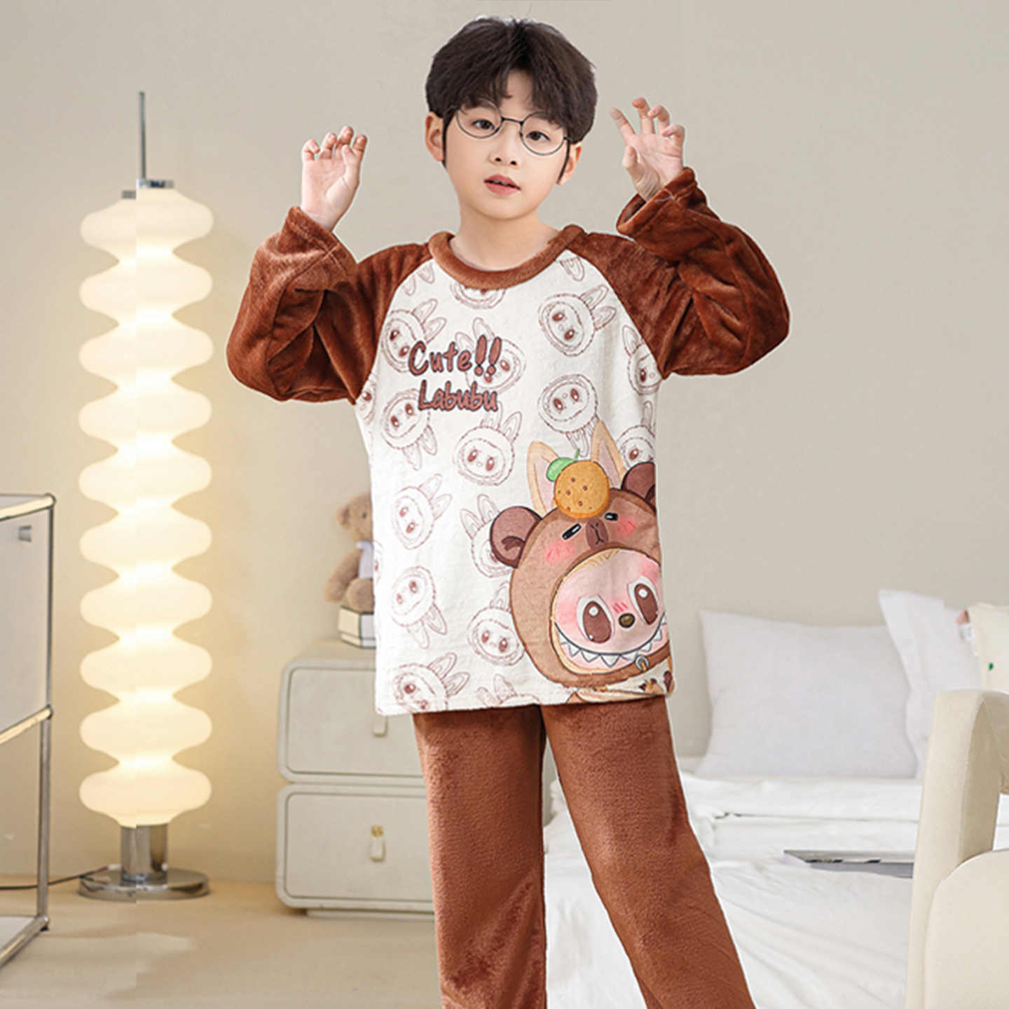 拉布布儿童法兰绒睡衣男童秋冬薄款珊瑚绒中大童labubu家居服套装