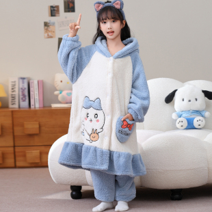 chiikawa小八女童珊瑚绒睡袍冬季加厚法兰绒中长款睡衣家居服套装