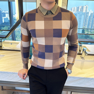 秋冬毛衣拼接假两件衬衫领针织背心套头毛衣男潮黑色 MY5090-P95图片