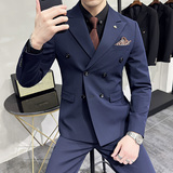 秋冬韩版修身纯色双排扣男士西服三件套装米白色SJT902-P265，男装西服，电商C308