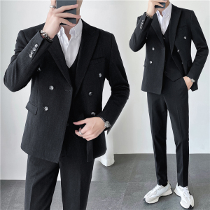 轻熟风ins韩版修身纯色双排扣男士西服三件套装SJT830A-P280图片