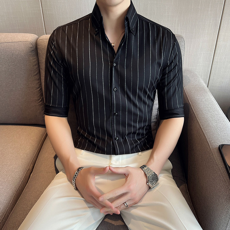 雅痞青年条纹网红V领衬衫男中袖帅气修身休闲立领痞帅衬衣C07-P68,男装衬衫,电商C308