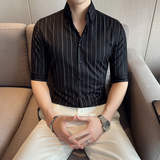 雅痞青年条纹网红V领衬衫男中袖帅气修身休闲立领痞帅衬衣C07-P68，男装衬衫，电商C308