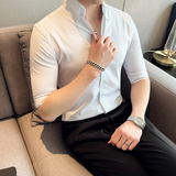 雅痞青年个性V领网红衬衫中袖男帅气修身休闲立领痞帅衬衣C06-P68，男装衬衫，电商C308