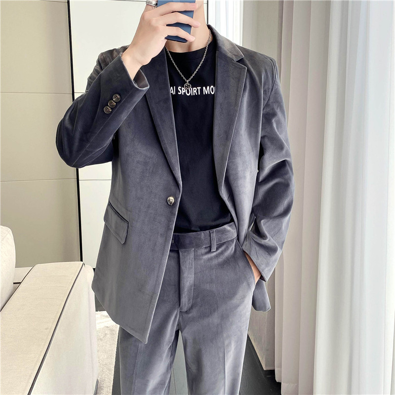 ins轻熟风英伦纯色长袖西服阔版宽松休闲丝绒小西装外套X22-P150,男装西服套装,电商C308