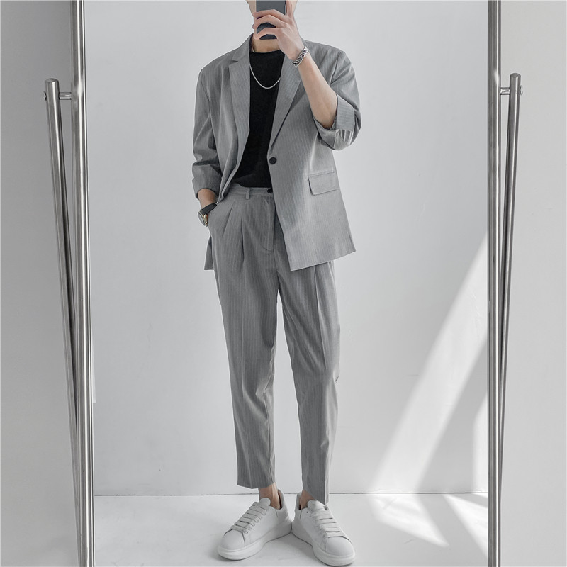 21春夏款轻熟风英伦条纹中袖西服+阔版九分裤套装TZ13-P195,男装西服,电商C308