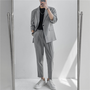 21 春夏款 轻熟风英伦条纹中袖西服+阔版九分裤套装 TZ13-P195图片