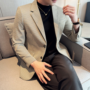 英伦韩版修身男士商务休闲小细格西服男外套X942-P155图片