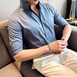 痞帅个性网红V领衬衫中袖青年帅气修身休闲立领痞雅衬衣男C02-P60，男装衬衫，电商C308