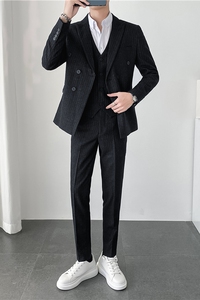 ins轻熟风韩版修身男士休闲双排扣条纹西服三件套装SJT903A-P265图片