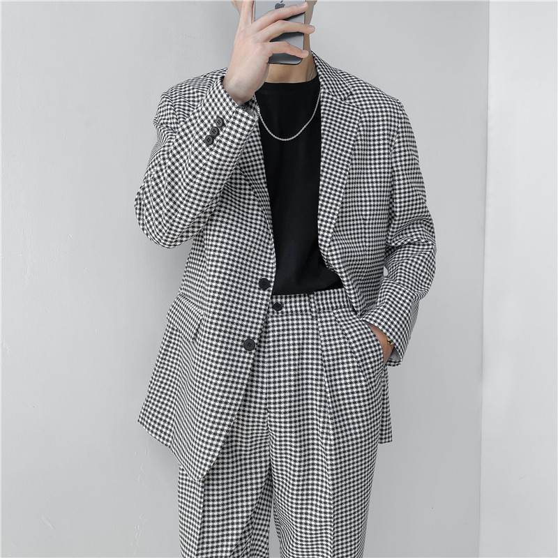 21春夏款轻熟风英伦小细格长袖西服阔版宽松休闲西服X18-P150,男装西服,电商C308