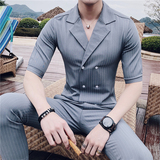 23春夏季款英伦条纹中袖双排扣衬衫+九分裤套装LJT238-P135，男装衬衫，电商C308