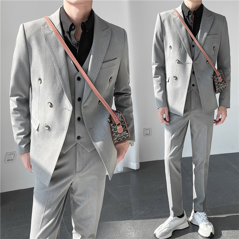 轻熟风ins韩版修身休闲纯色双排扣男士西服三件套装SJT830A-P280,男装西服,电商C308