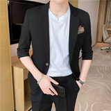 痞帅高级感纯色中袖休闲男士西服+英伦时尚青年短裤套装TZ04-P210，男装牛仔裤，电商C308