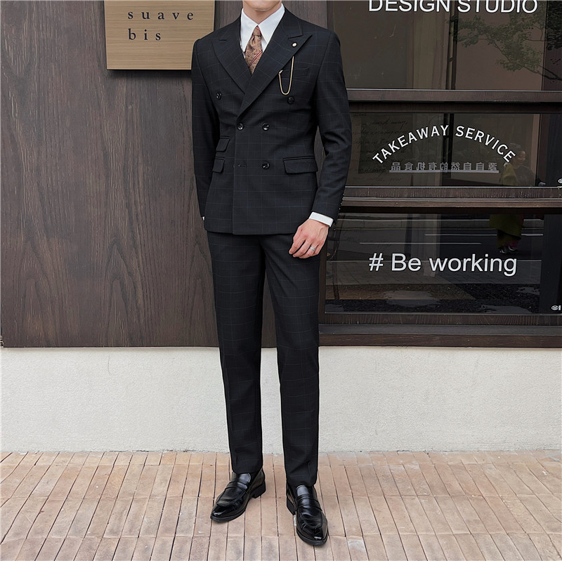 英伦修身男士双排扣格子西服三件套新郎伴郎礼服套装SJT920-P300，男装西服，电商C308