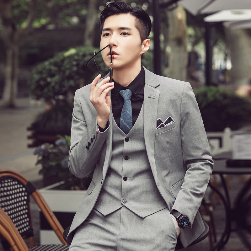 高品质秋冬韩版修身商务男士西服三件套新郎西服套装SJT830-P265，男装西服套装，电商C308