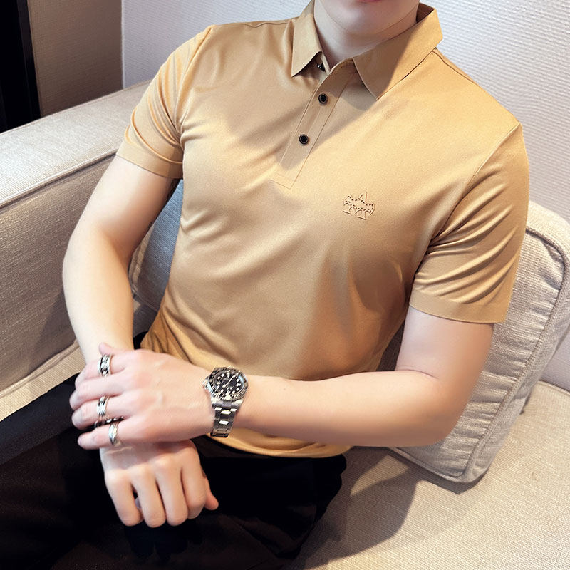 夏季 冰丝高弹翻领无痕T恤男士光滑短袖POLO衫卡其色PL2-P48图片