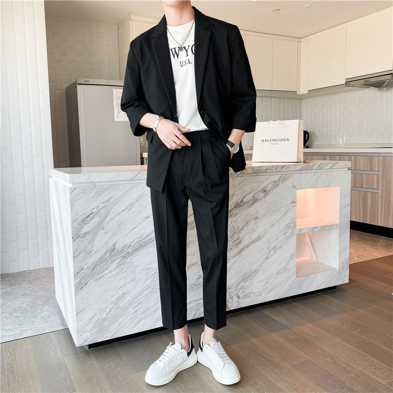 轻熟风微宽英伦条纹中袖西服九分裤套装深灰色TZ13-P195,男装西服,电商C308