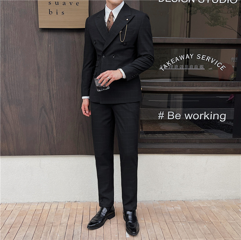 英伦修身男士双排扣格子西服三件套新郎伴郎礼服套装SJT920-P300,男装西服,电商C308