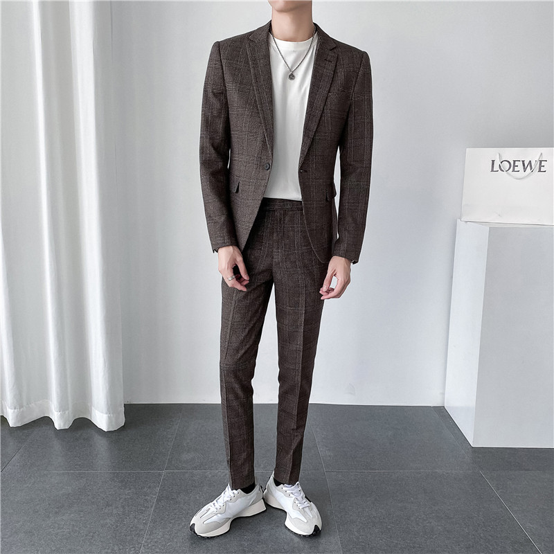 轻熟风ins韩版修身男士休闲格子西服套装西装套装LJT956-特P200,男装西服套装,电商C308