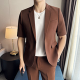 春夏款纯色休闲男士时尚华夫格中袖西服九分西裤套装LJT931-P195，男装西服，电商C308