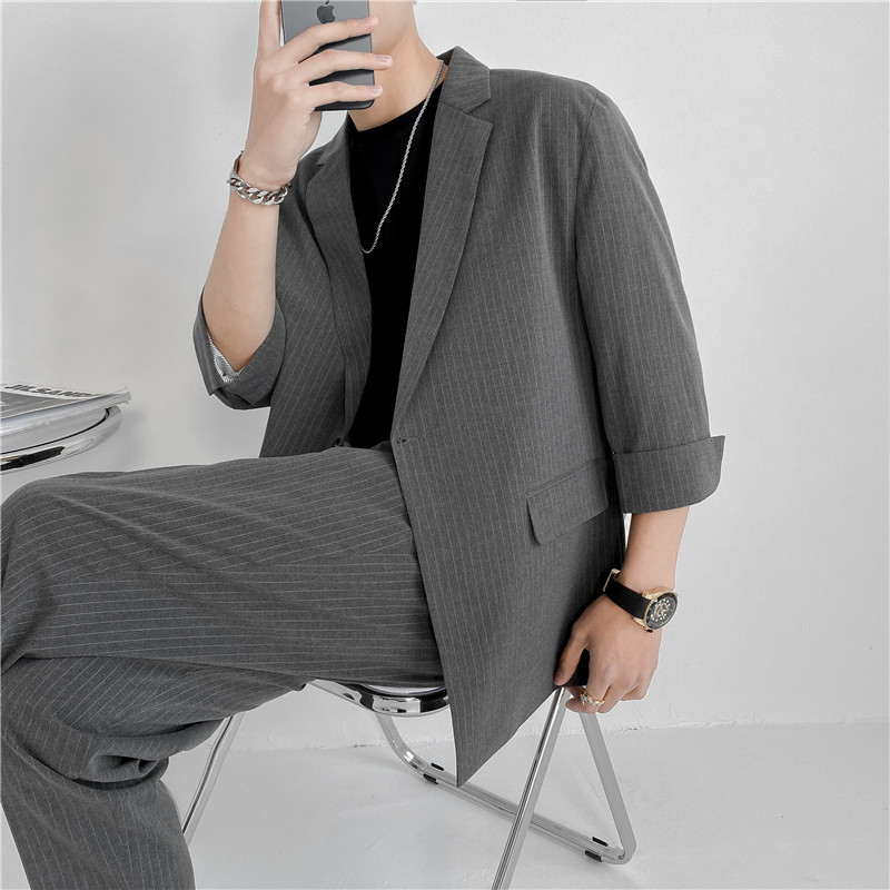 21春夏款轻熟风英伦条纹中袖西服阔版宽松休闲西服X13-P130,男装西服,电商C308