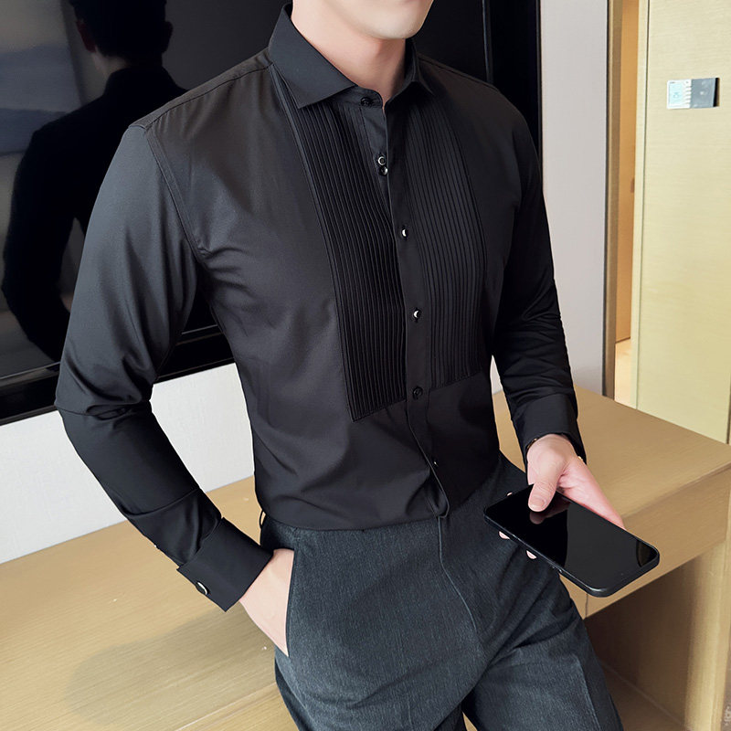 塔士多礼服法式扣衬衫新郎结婚长袖衬衫男拼接设计感衬衣Z015-P75,男装衬衫,电商C308