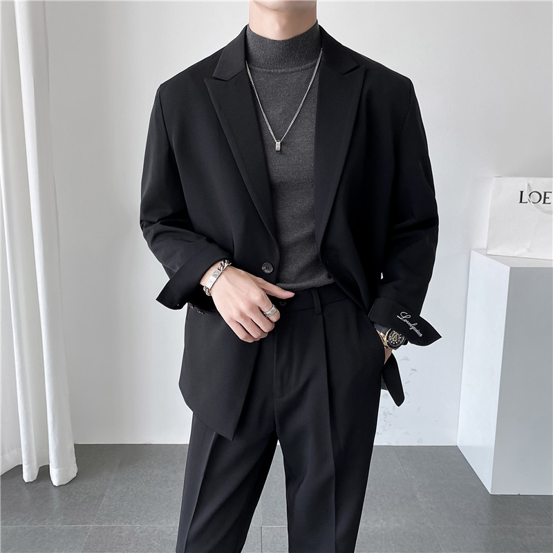 ins轻熟风英伦纯色西服阔版宽松休闲小西装单外套X27刺绣-P150,男装西服套装,电商C308
