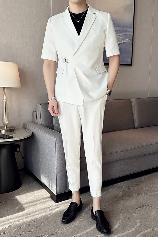 高级感纯色休闲男士卡扣中袖西服英伦时尚九分西裤套装LJT37-P200,男装西服,电商C308