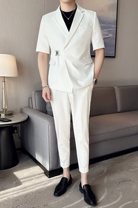高级感纯色休闲男士卡扣中袖西服英伦时尚九分西裤套装LJT37-P200图片
