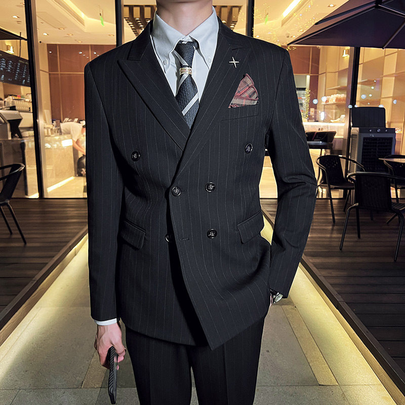 韩版修身男士双排扣条纹西服二件套新郎伴郎套装黑色LJT29-P220，男装西服，电商C308