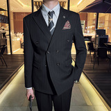 韩版修身男士双排扣条纹西服三件套新郎伴郎套装深灰色SJT29-P280，男装西服，电商C308