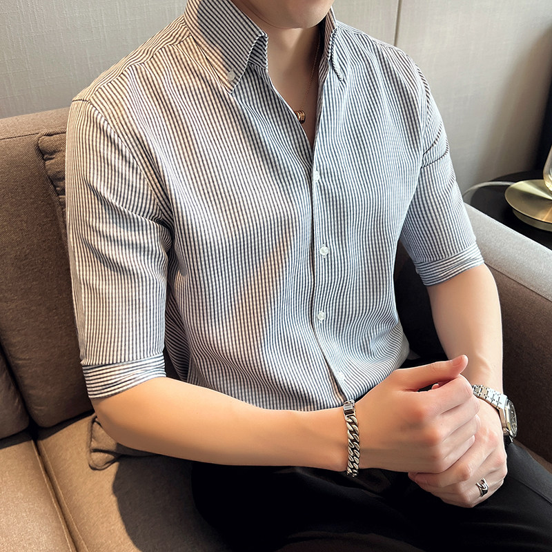 雅痞青年个性网红V领衬衫男中袖帅气修身休闲立领痞帅衬衣C08-P68,男装衬衫,电商C308