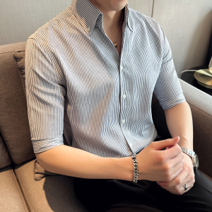 雅痞青年个性网红V领衬衫男中袖帅气修身休闲立领痞帅衬衣C08-P68图片