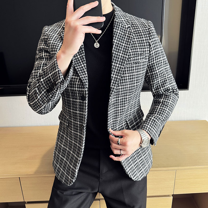 英伦韩版修身男士休闲毛呢格子西服加厚外套X930-P155,男装西服,电商C308