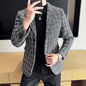 英伦韩版修身男士休闲毛呢格子西服加厚外套X930-P155图片