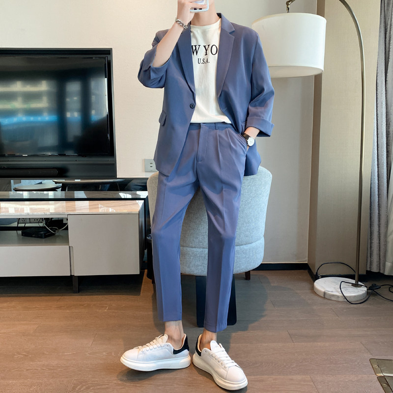 24春夏款轻熟风英伦纯色阔版中袖西服九分裤套装蓝色TZ15-P195，男装西服，电商C308