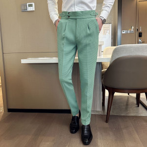 华夫格英伦那不勒斯西裤男士韩版修身小脚裤休闲长裤黑色K906-P75图片