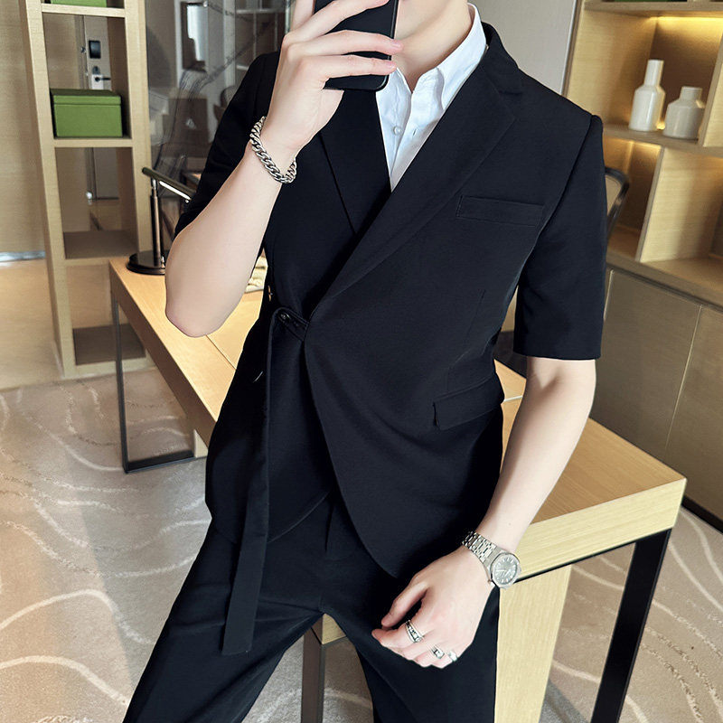 春夏纯色休闲男士中袖斜扣西服英伦时尚九分西裤套装LJT39-P200,男装西服,电商C308