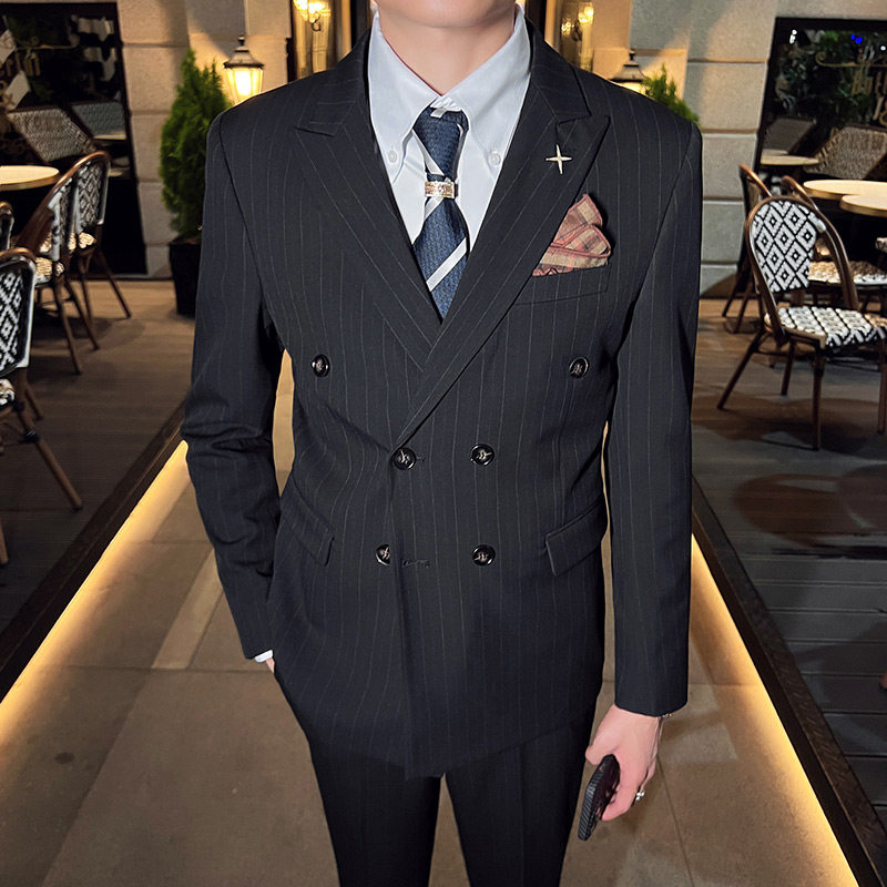 韩版修身男士双排扣条纹西服三件套新郎伴郎套装咖啡色SJT29-P280,男装西服,电商C308