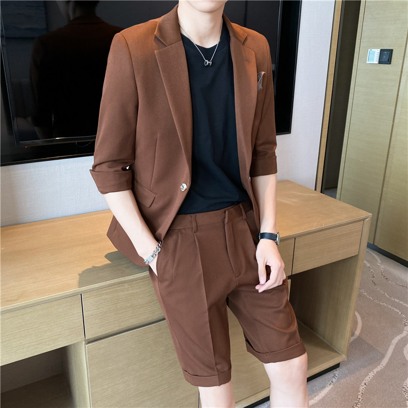 痞帅高级感纯色中袖男士休闲西服+英伦时尚青年短裤套装TZ04-P210,男装牛仔裤,电商C308
