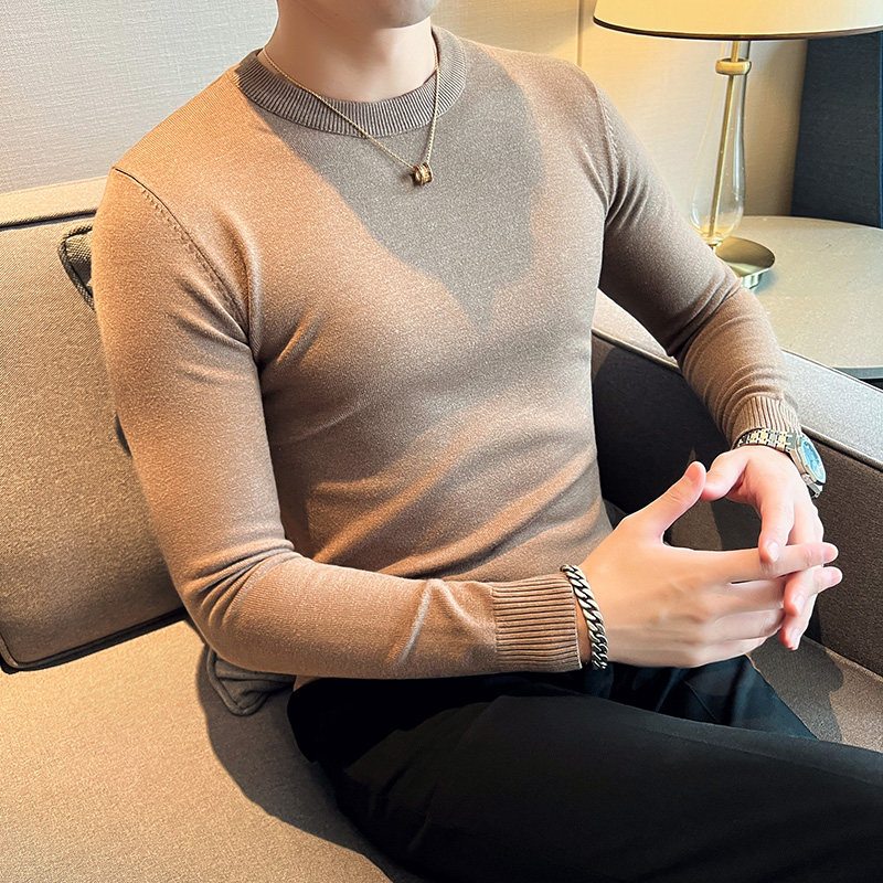 秋冬韩版圆领修身打底衫套头纯色针织衫精致毛衣花棕色B5551-P45，男装T恤，电商C308