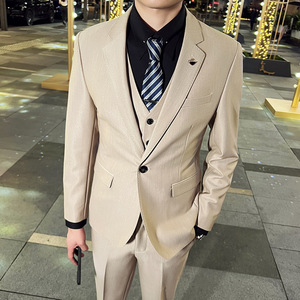 英伦韩版修身男士休闲商务西服三件套新郎套装米白色SJT888-P285，男装西服，电商C308