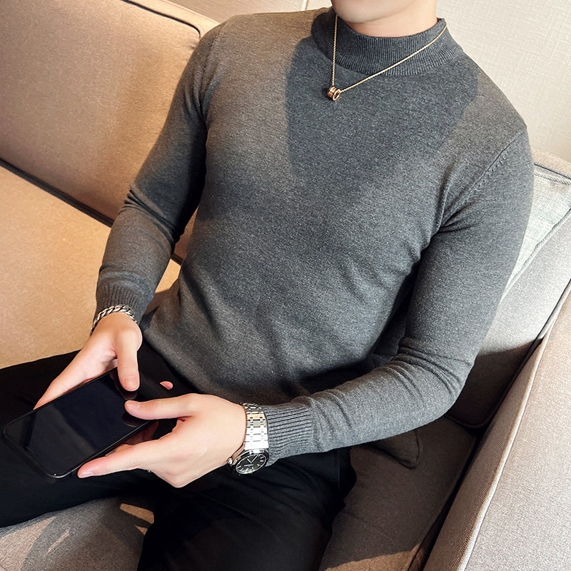 秋冬韩版半高领修身打底衫套头纯色针织衫精致毛衣深灰B5552-P50，男装T恤，电商C308