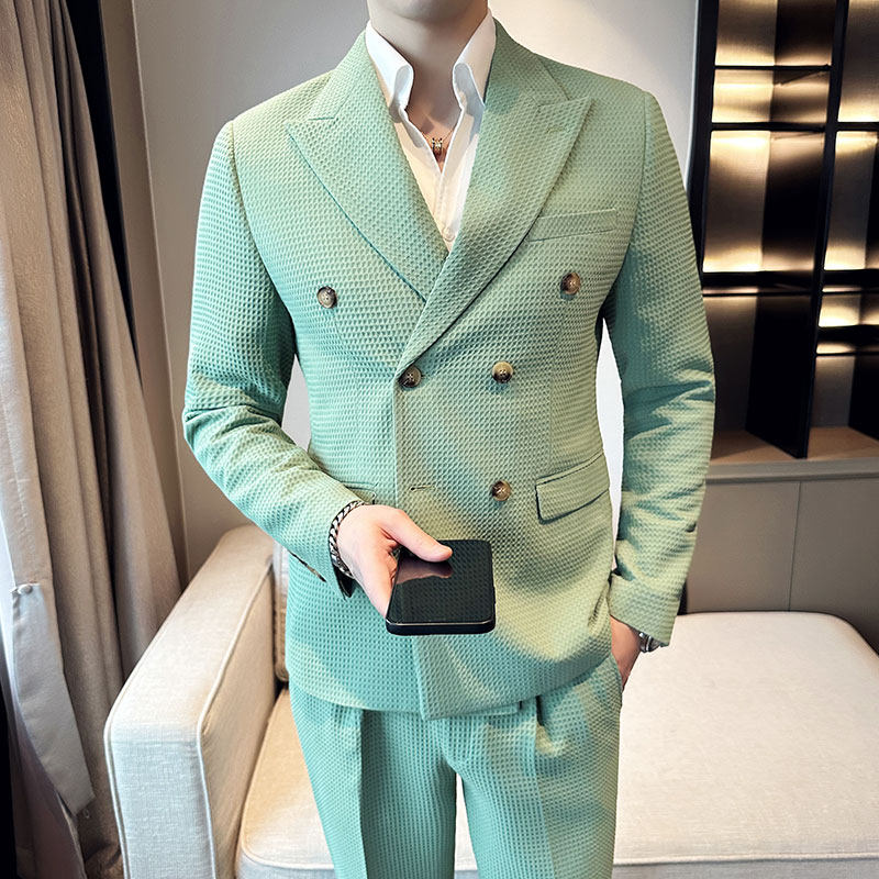 华夫格西装两件套男士休闲套装双排扣西服套装白色LJT906-P225,男装西服套装,电商C308