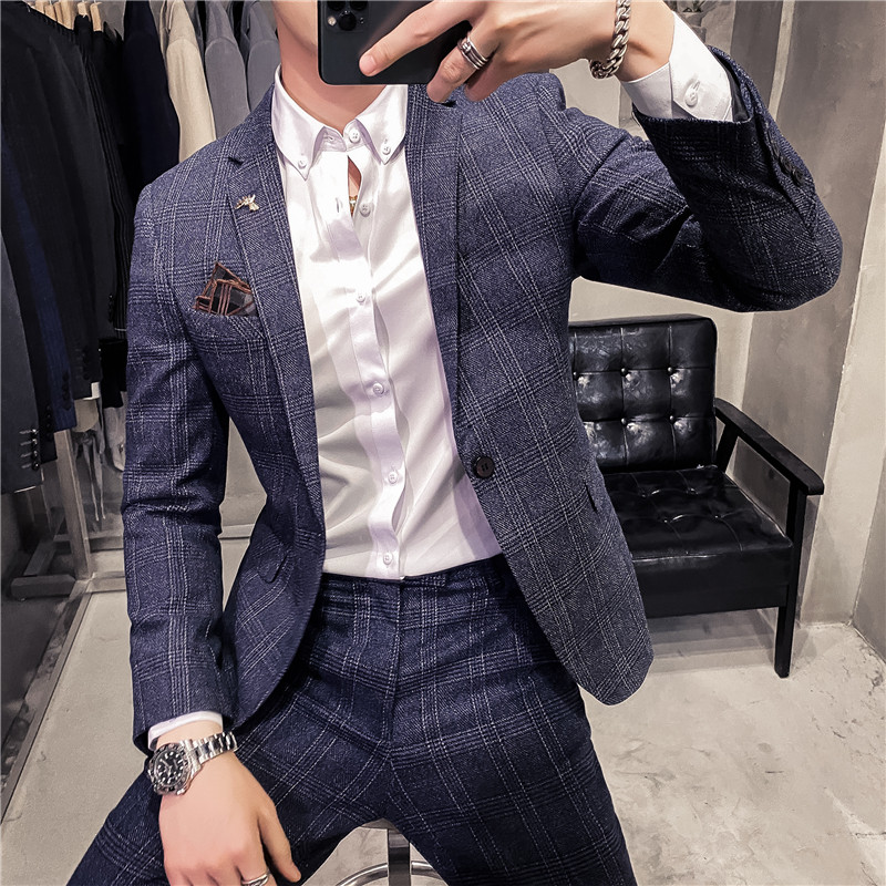 20秋冬款英伦时尚休闲商务格子西服男士二件套套装LJT956-特P200,男装西服,电商C308