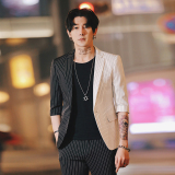 春夏新款潮男修身拼色条纹中袖西服+九分西裤男士套装TZ121-P195，男装西服，电商C308
