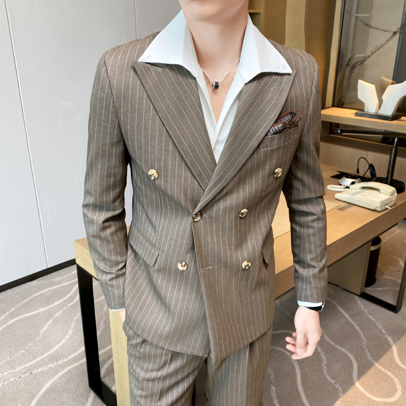 痞帅高级感休闲双排扣条纹小西服英伦青年九分西裤LJT08-P230,男装西服,电商C308