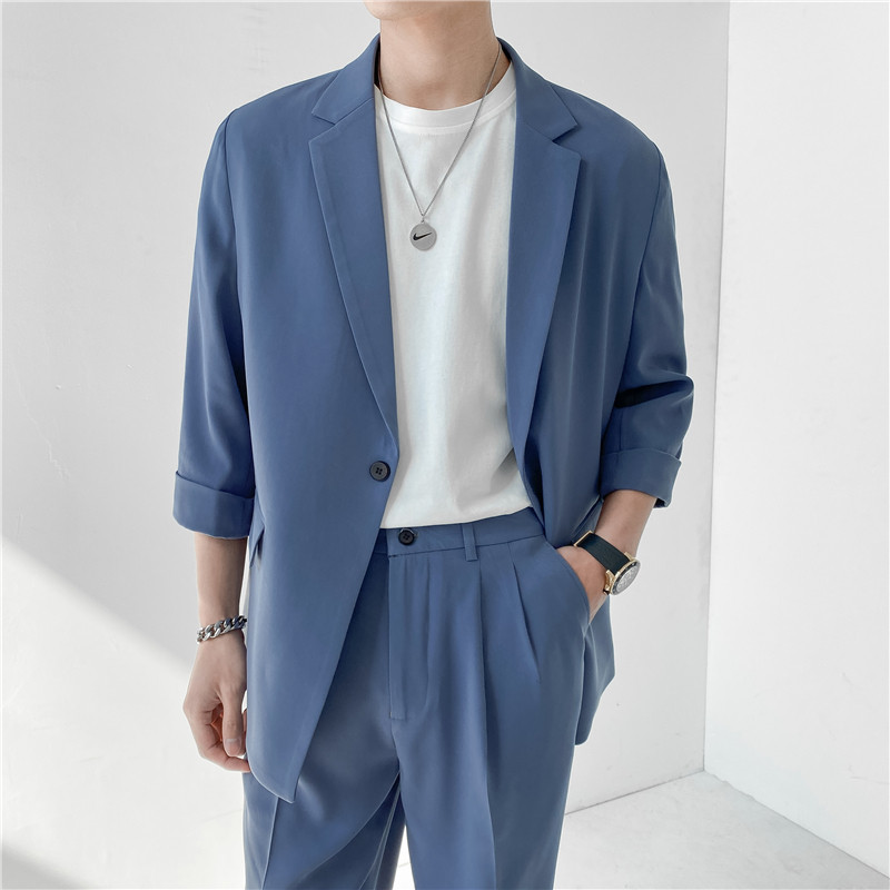 23春款款轻熟风英伦纯色宽松中袖西服+阔版九分裤套装TZ15-P195，男装西服，电商C308